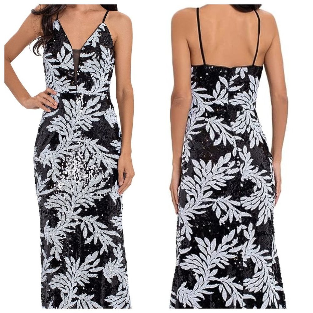 NWT Betsy & Adam Long V-Neck Sequin Dress
